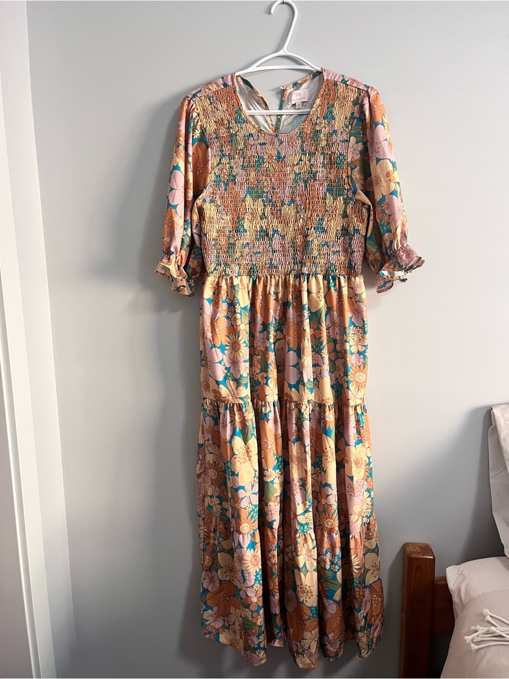 Smocked Floral Maxi Dress in Rust and Pink